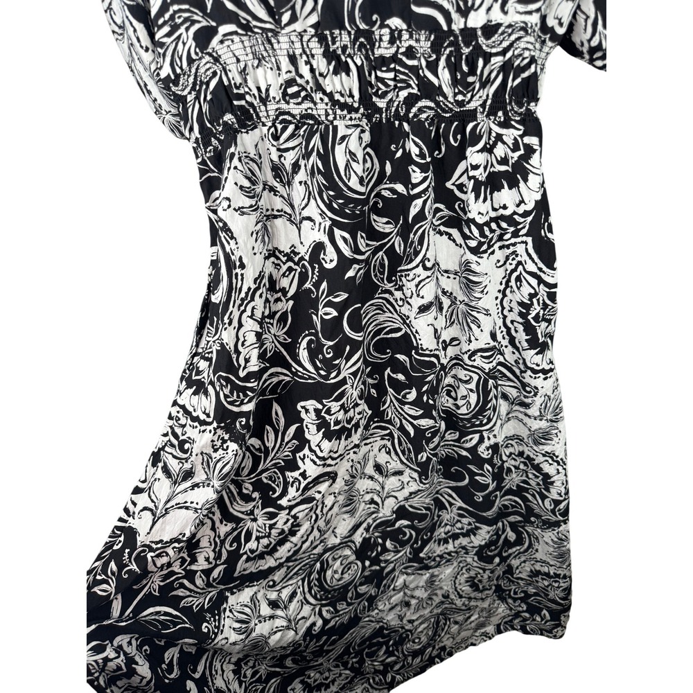 Ellen Tracy Black White Floral Paisley Maxi Dress L – Puff Sleeve Smocked Waist - Picture 6 of 8